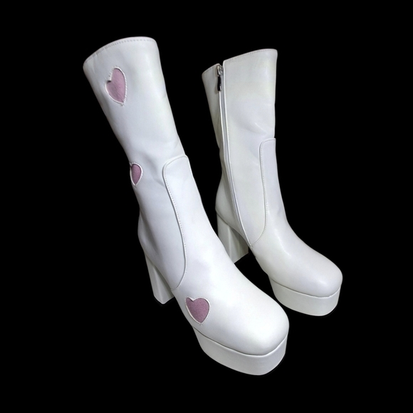 Platform High Heel Boots White Pink Hearts Side-Zip Calf Lenght Women Size 8.5 - Picture 3 of 16